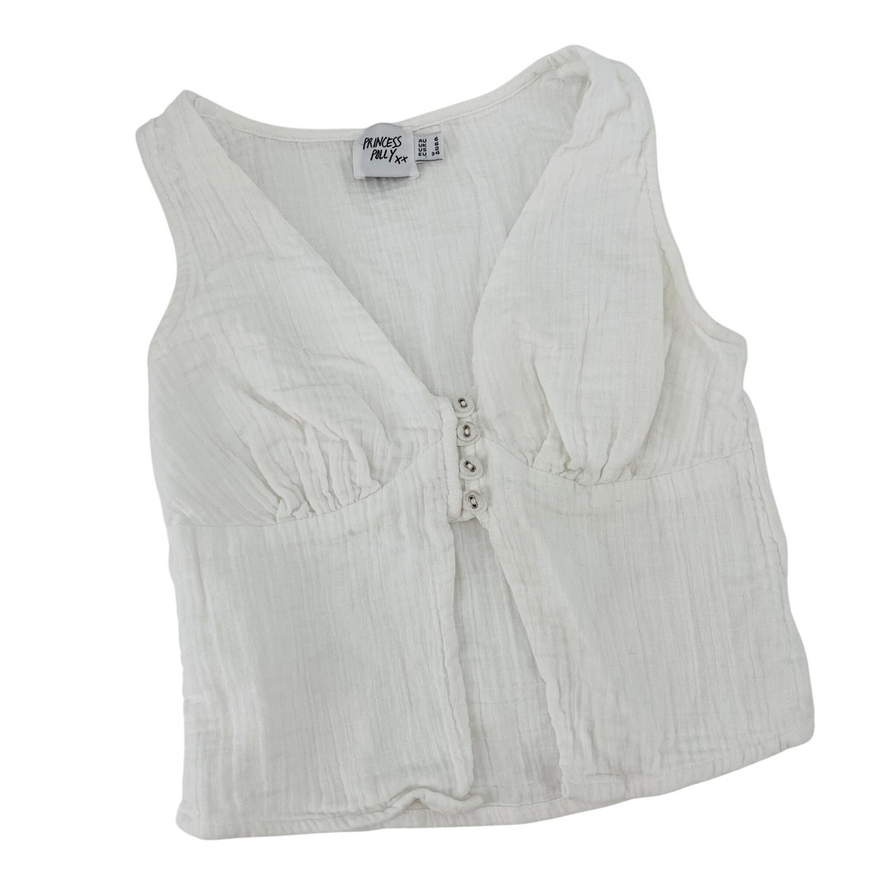 Princess Polly Top Womens Size 2 White V Neck Button Front Sleeveless Gauze